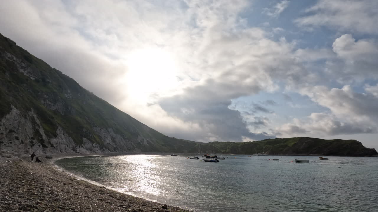 Un cane corre nell'acqua a Lulworth Cove, Dorset, Inghilterra.
