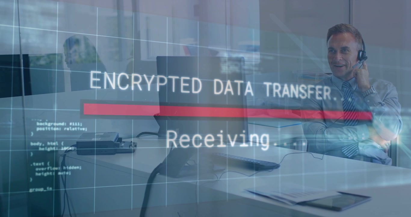 Man with headset receiving encrypted data in tech office, HUD overlay filling red bar