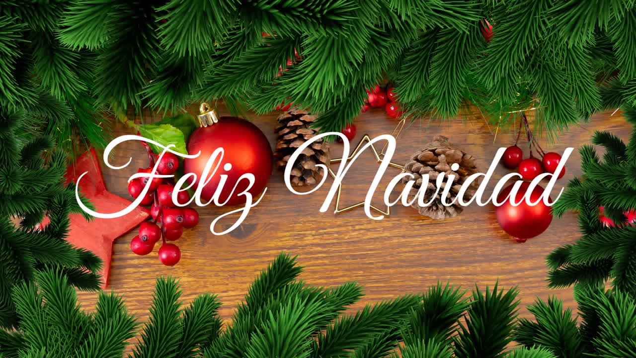 animación de felicidad navidad saludos de navidad texto sobre árbol de navidad y decoraciones.