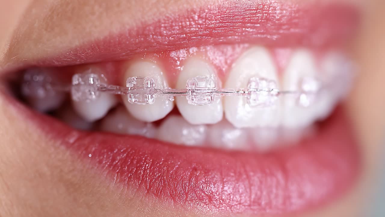 Close-Up View of Clear Braces on Teeth Highlighting Oral Hygiene and Aesthetic Dental Care for Improved Smile and Alignment, Showcasing the Transformation in Orthodontic Treatment