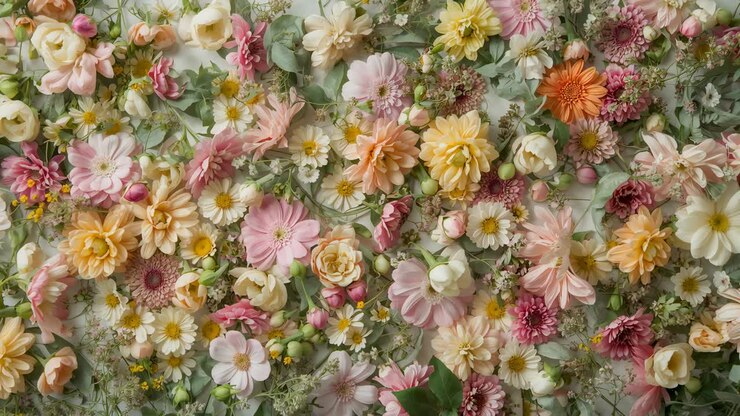 Autofokussierende Kamera enthüllt dichte Pastellblumenpracht auf einem Set mit Rosen und fängt Textur ein.