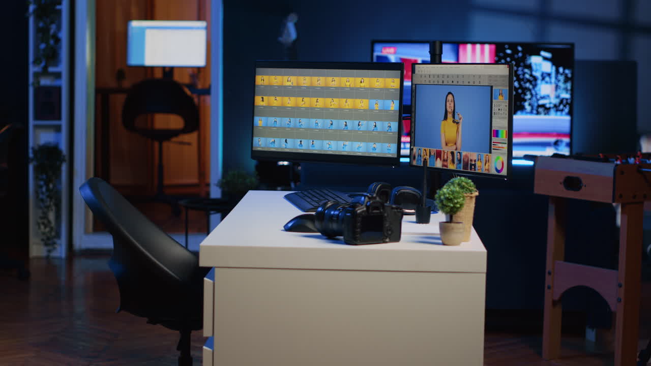 Professional post processing photography studio with editing software interface on PC screens