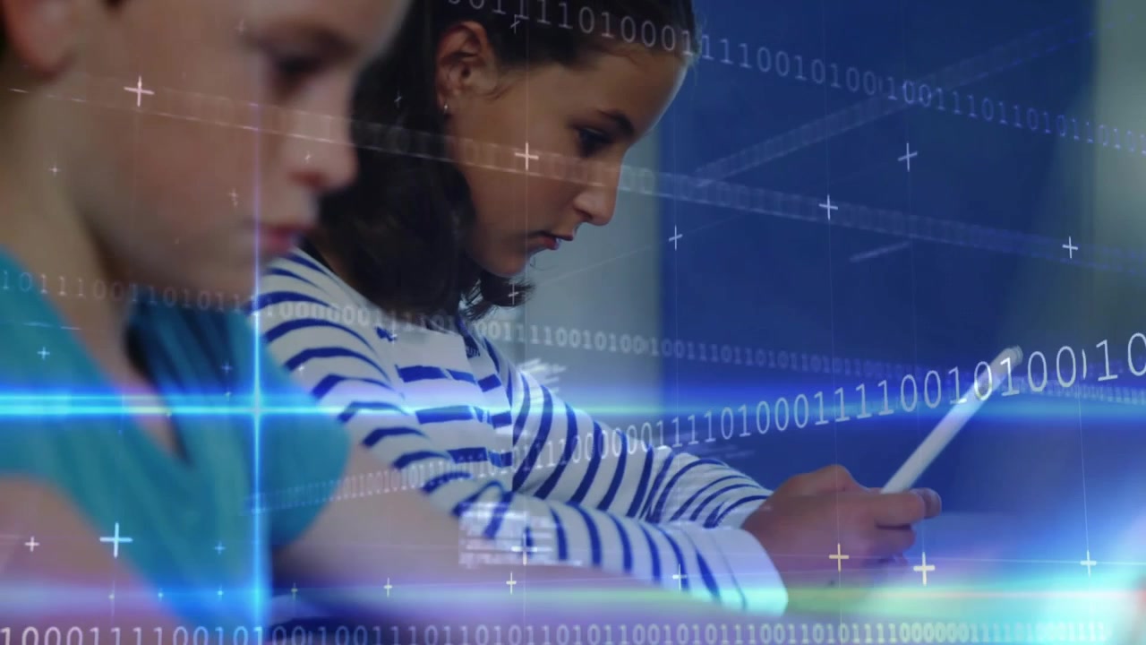 Vertical video: Framing kids tapping tablets at desks for class striped girl focusing, code overlay