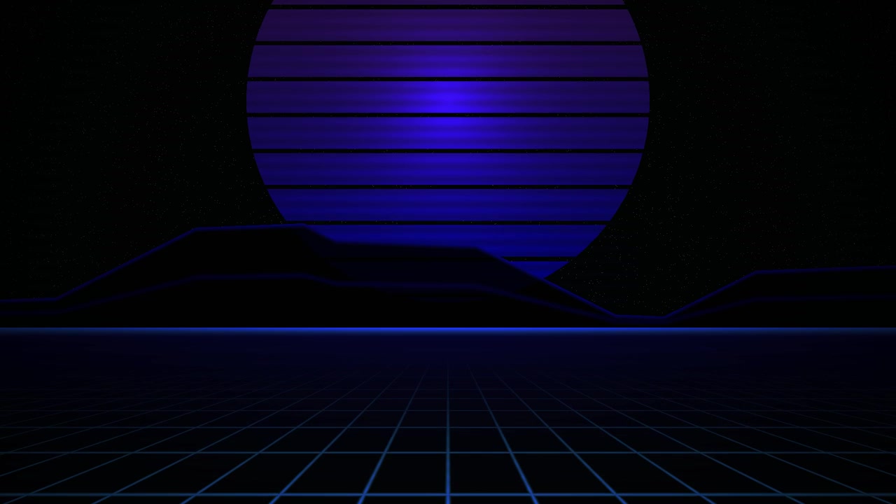 Paesaggio in stile retro synthwave con sole blu luminoso