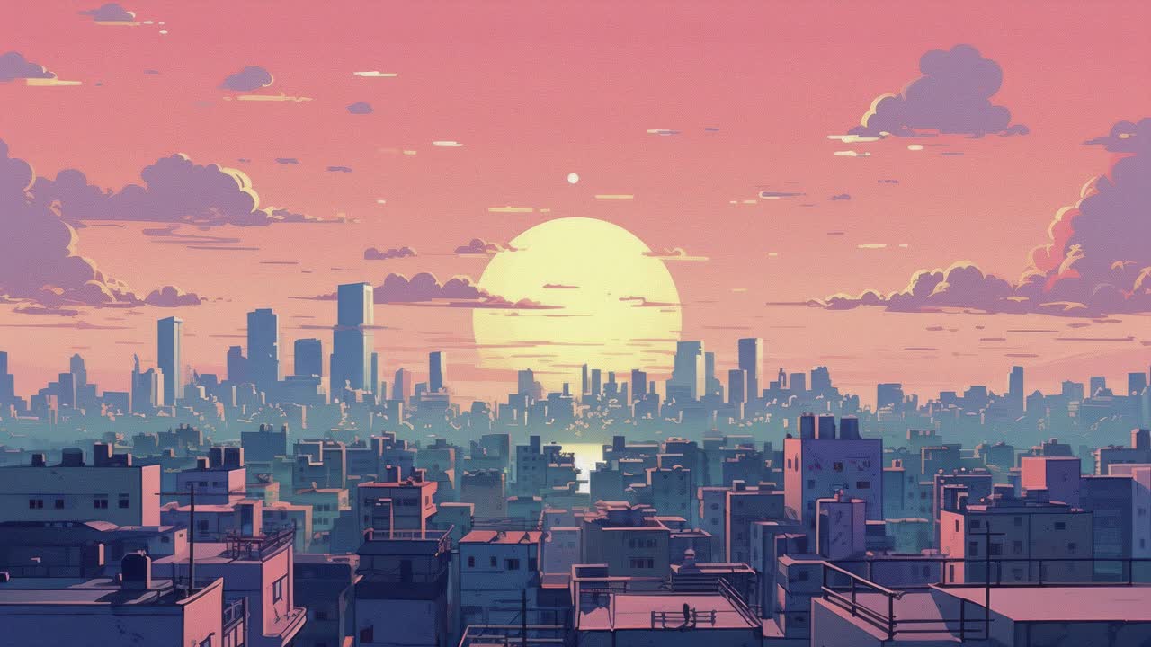 Un video sereno che cattura un tramonto su un paesaggio urbano, fondendo colori pastello ed estetica retrò