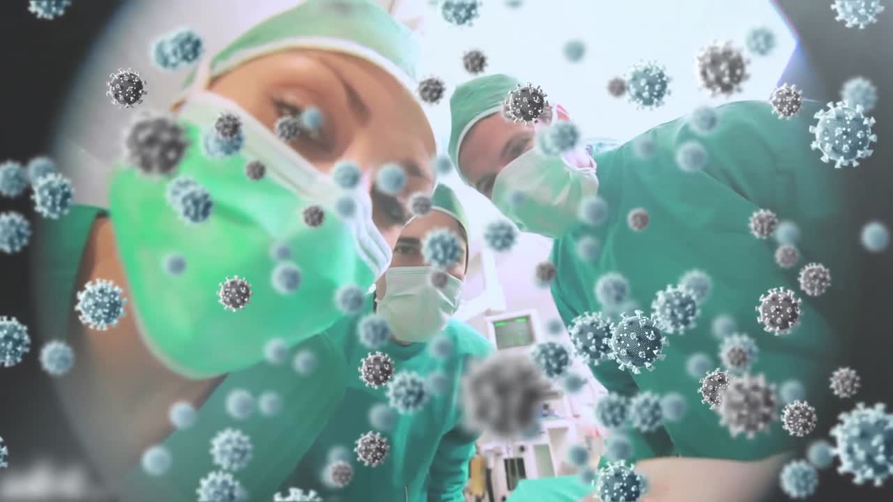 animación de células 3d de covid-19 flotando sobre los médicos que llevan máscaras faciales