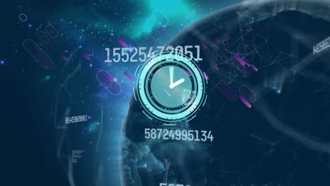 animation of clock moving over globe, numbers and purple shapes on blue background