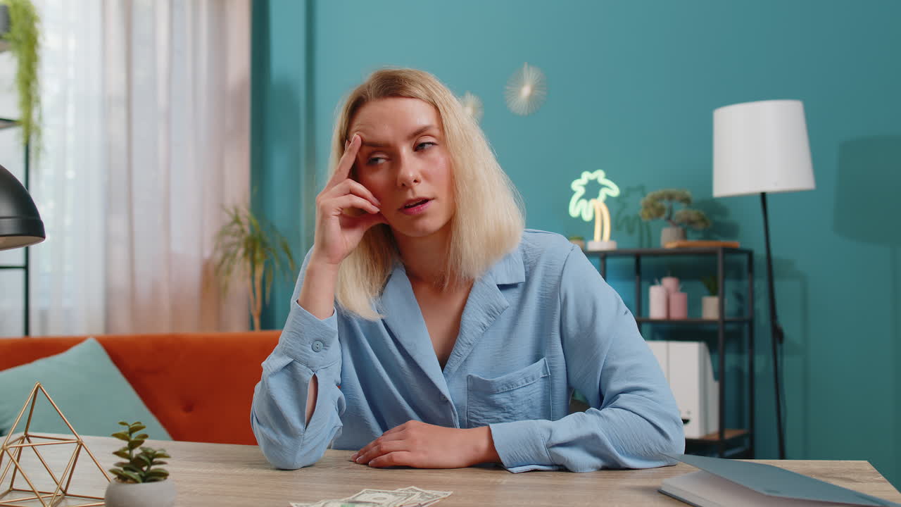 Woman counting cash insufficient amount of money financial crisis bankruptcy poverty destitution