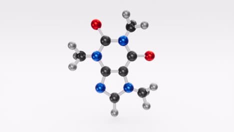 fórmula química estructural de la molécula de cafeína. animación en 3d
