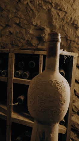 an ornate, dusty wine bottle in an old cellar