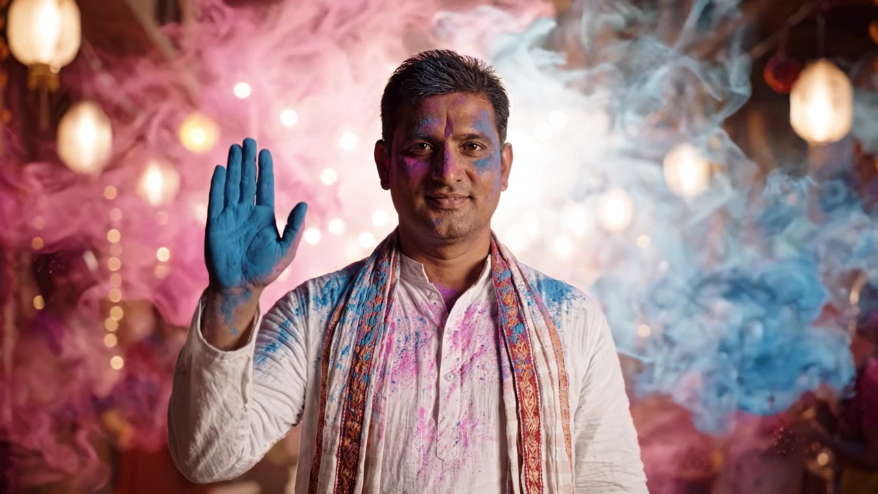 Vibrante celebrazione di colore e gioia: Un uomo impegnato nei festeggiamenti circondato da persone e fumo colorato, esprimendo gioia e significato culturale.