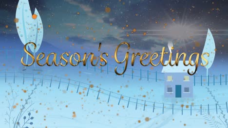 animation of winter scenery with seasons greetings text