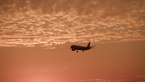 airplane landing at sunset