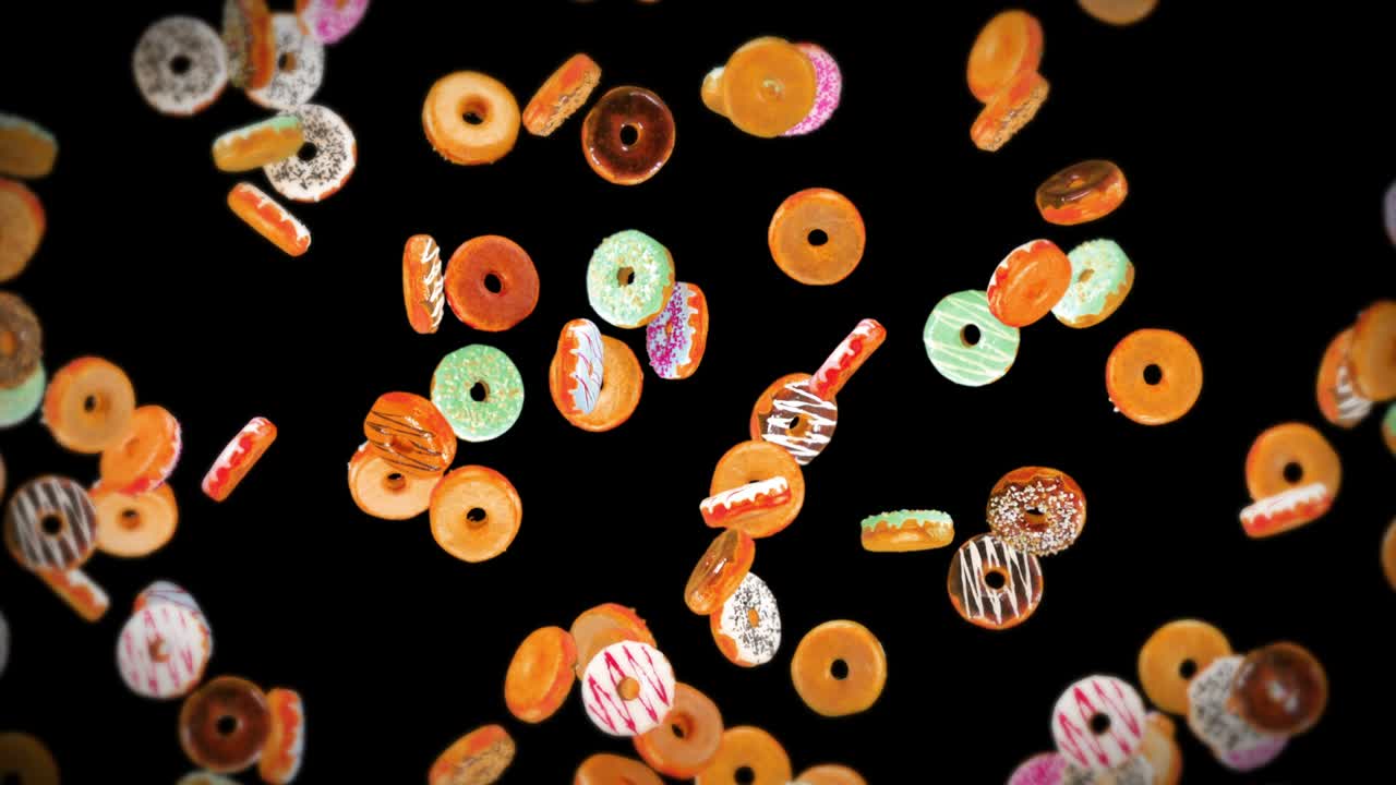 Flying many colorful donuts on black background. Doughnut cake, Sweets, Dessert. 3D animation of donut rotating. Loop animation.