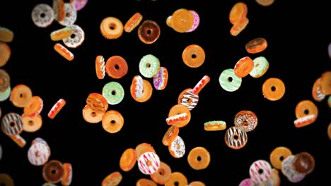 flying many colorful donuts on black background. doughnut cake, sweets, dessert. 3d animation of donut rotating. loop animation.