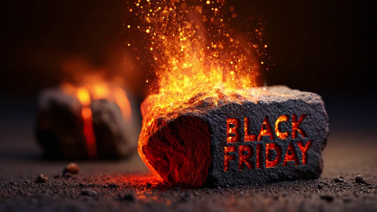 Dynamic Fusion of Light and Texture: A Captivating Close-up of Volcanic Rock with Fiery Eruptions and Bold Typography Representing the Essence of Black Friday Sales