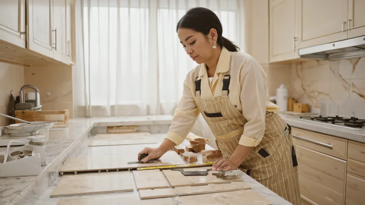 Woman Installing Tiles in Kitchen Renovation