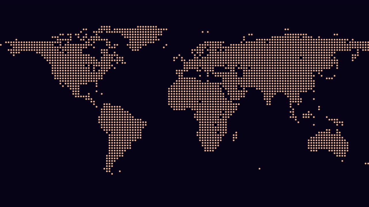 Animated dotted world map background with glowing points on dark blue screen