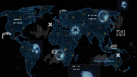 Animation-of-scopes-scanning,-data-processing-and-markers-over-world-map