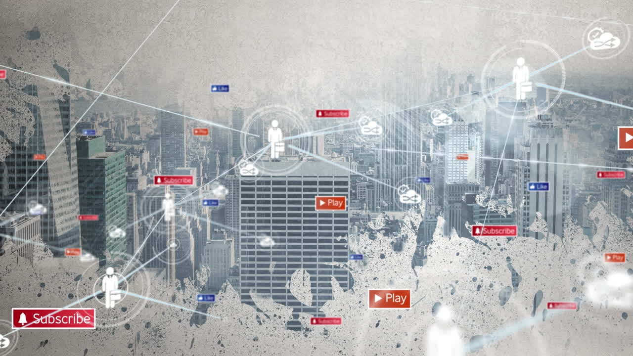 도시 풍경 위의 연결 네트워크와 소셜 미디어 아이콘의 애니메이션