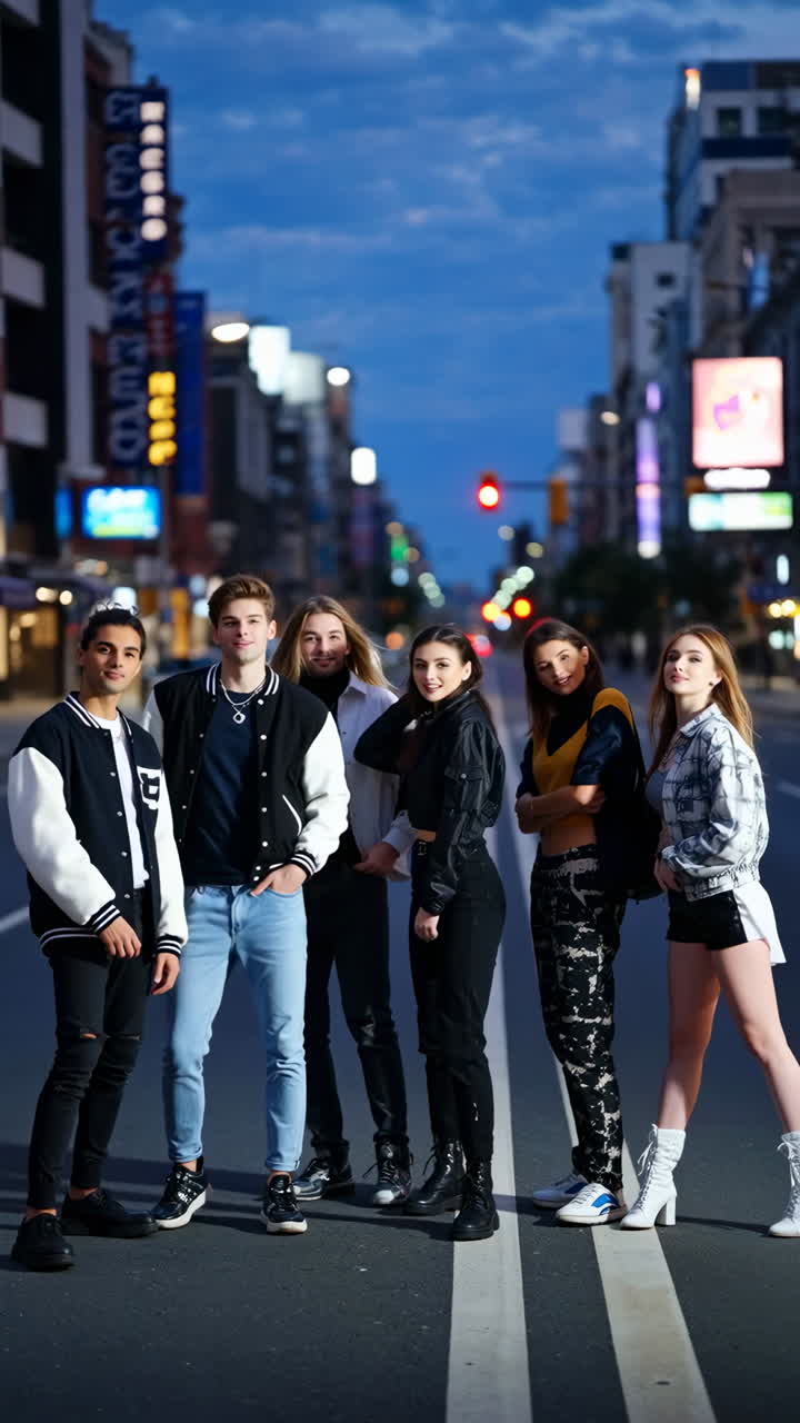 A group of young people posing on a city street at night