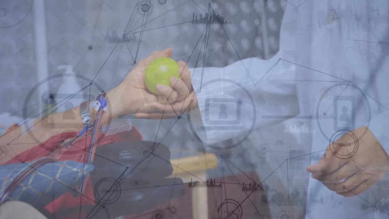 환자를 치료하는 백인 의사에 대한 연결 네트워크의 애니메이션