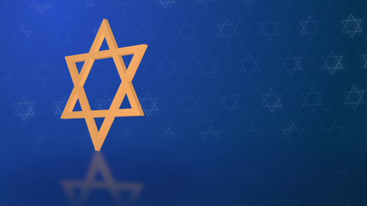 Golden Star of David is Jewish symbol of Israel. Rotation hexagonal symbol with reflection. Blue abstract animated background.