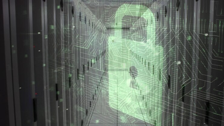 Animation of cyber attack warning and padlock over server room