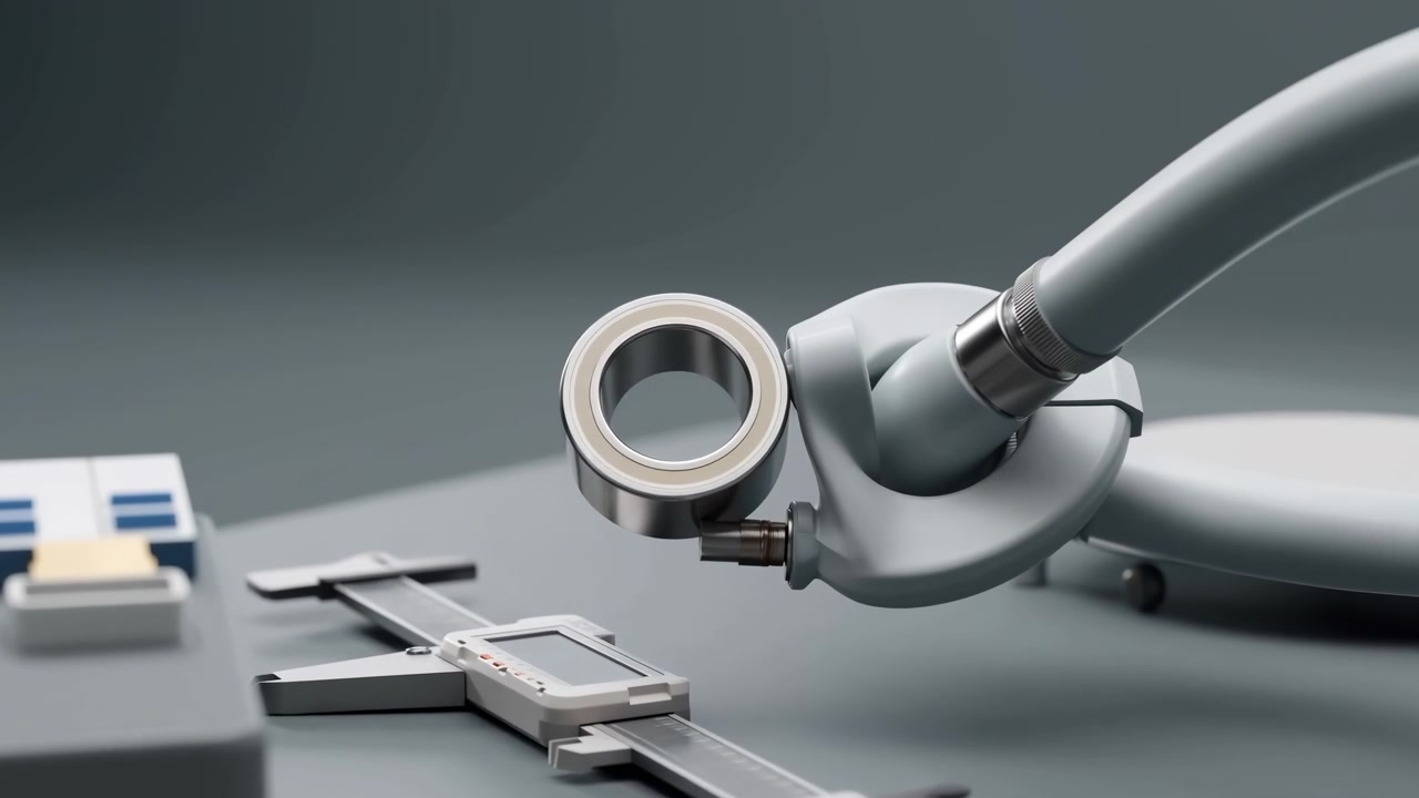 Testa metallica ad anello su braccio robotico articolato si sposta costantemente verso il primo piano mentre il calibro digitale e i piccoli strumenti rimangono fissi sotto una morbida illuminazione da studio neutra