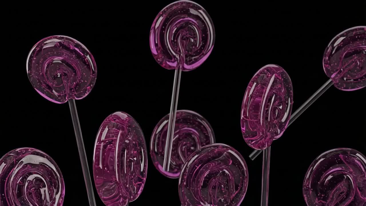 Caramelle magenta lucide e lente con bastoncini a strisce e riflessi brillanti