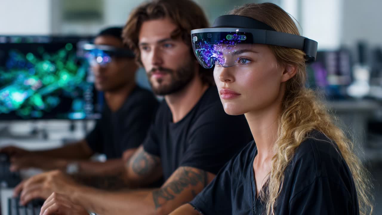 A Team of Innovators Engaged in Advanced Technology Development, Utilizing Futuristic Smart Glasses for Enhanced Data Visualization and Interactive Experience in a Modern Work Environment