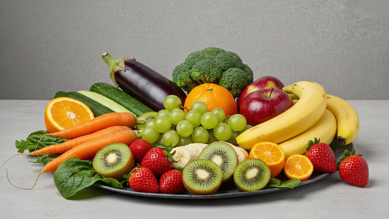 An Abundant Display of Fresh Fruits and Vegetables Featuring Vibrant Colors and Varieties on a Decorative Platter Showcasing Nature's Bounty