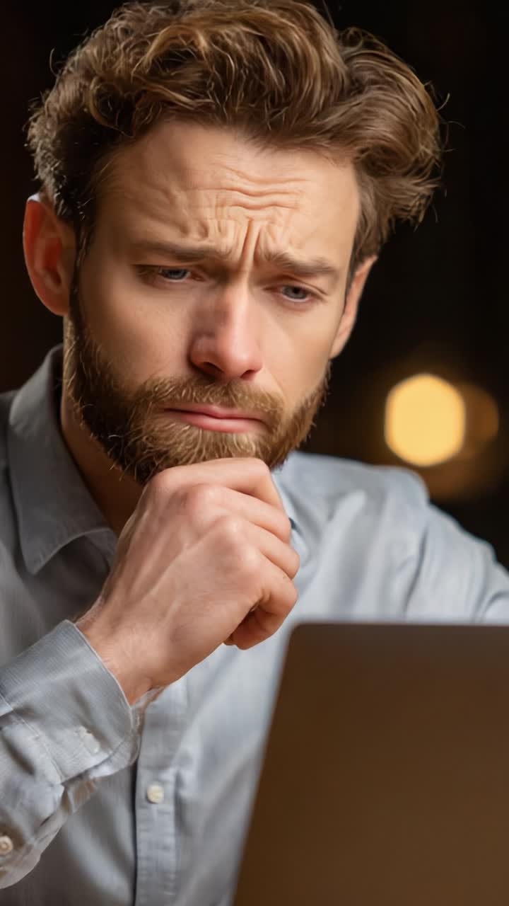 A Young Man Deep in Thought While Working on a Laptop: Capturing the Intensity of Concentration and Reflection in a Dimly Lit Environment