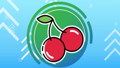 animation of two red cherries in green circle with white chevrons on blue background