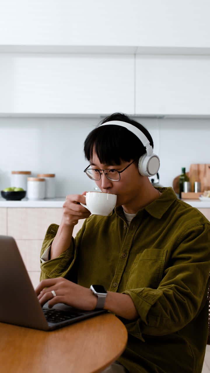 Person working from home with laptop and coffee