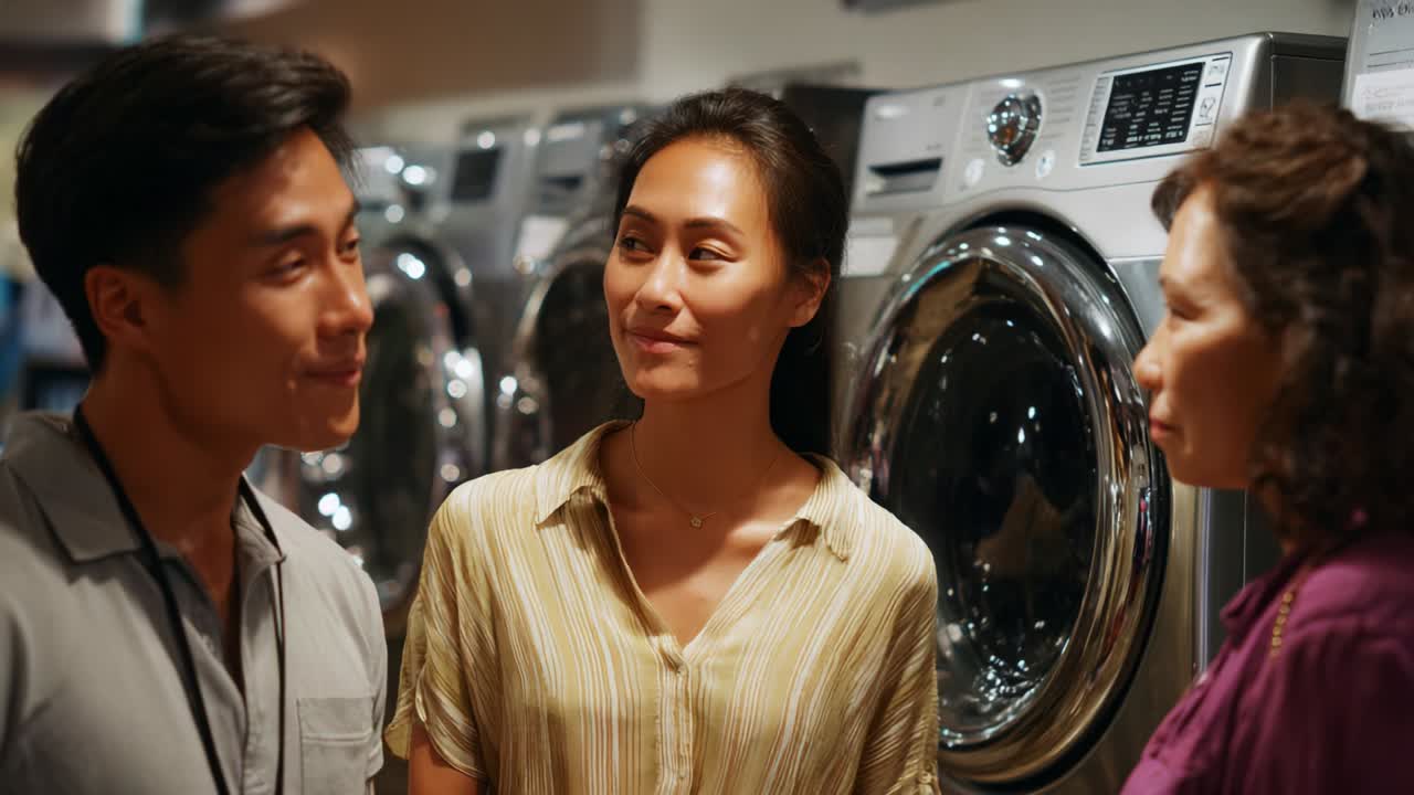 A friendly discussion between three individuals takes place in a modern laundromat setting, showcasing various washing machines in the background, highlighting the social aspect of doing laundry