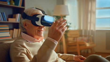 senior woman experiencing virtual reality at home