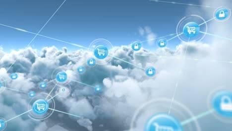 animación de la red de conexiones con iconos sobre nubes en el cielo