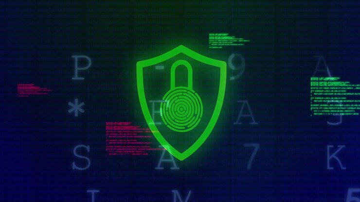 Animation of biometric fingerprint with shield and digital data processing on dark background