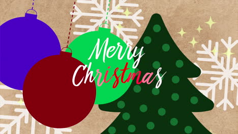 merry christmas with colorful bells on and christmas tree on cartoon texture