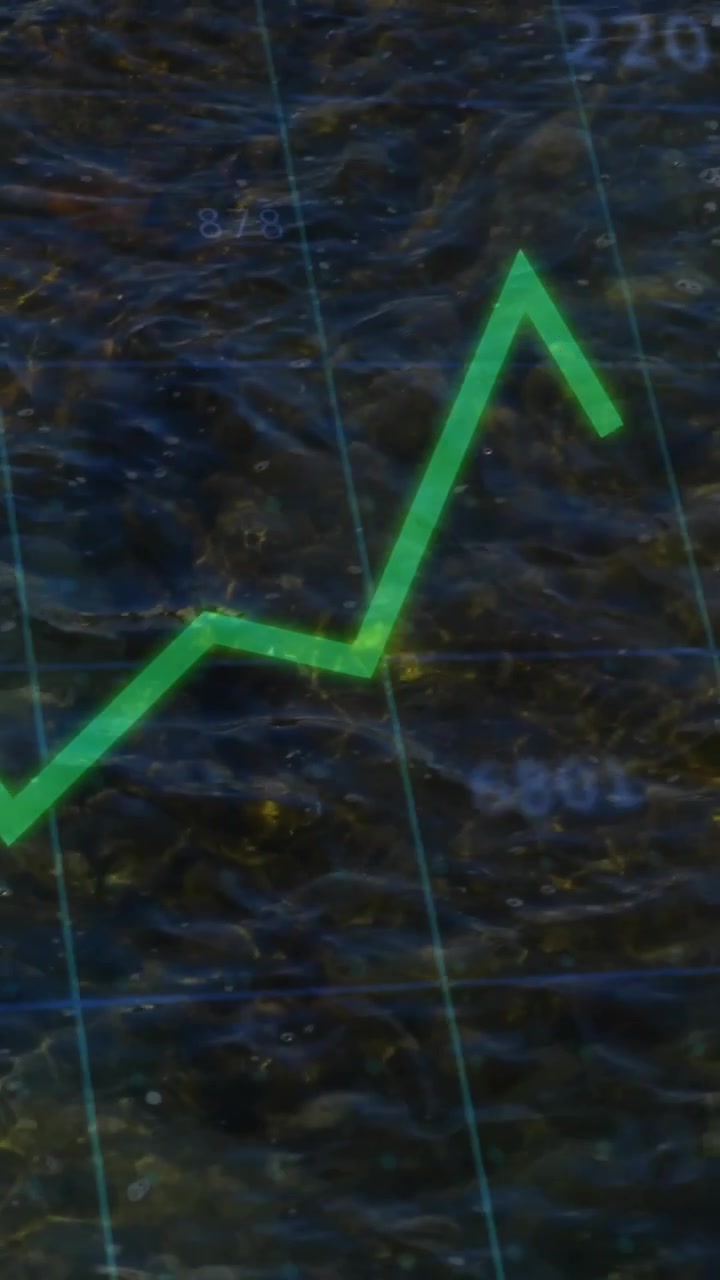 Animazione di un grafico a linee verde che mostra il 65% su uno sfondo di superficie acquatica.