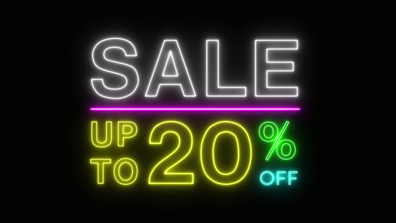 Kilatan diskon hingga persen tanda neon menyala warna-warni spanduk bergerak di latar belakang hitam untuk video promosi. Konsep promosi merek seri diskon 10-90%