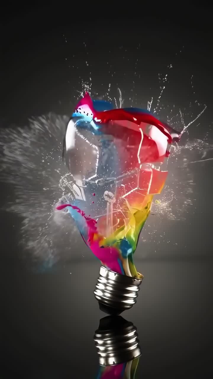 Vibrant paint-splattered light bulb, close-up angle, ideal for creative video concepts
