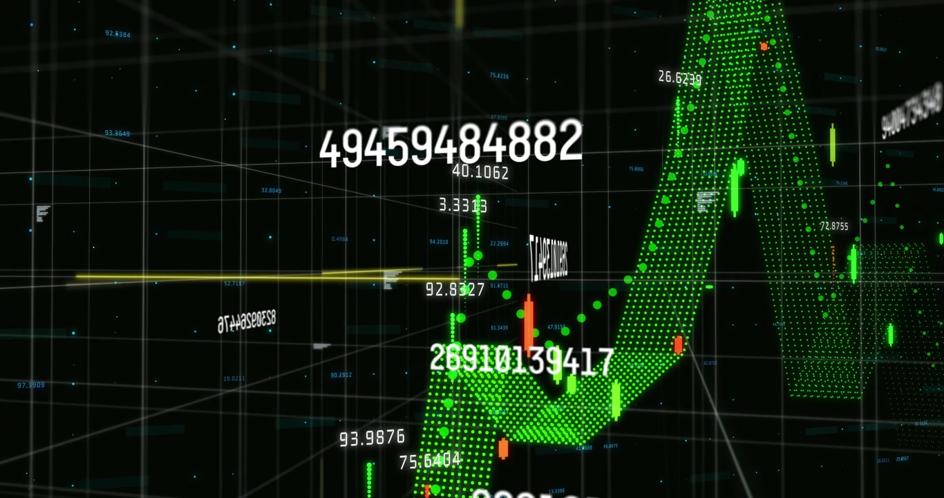 Camera panning, 3D finance chart forming green candles, updating values, visualizing market trends