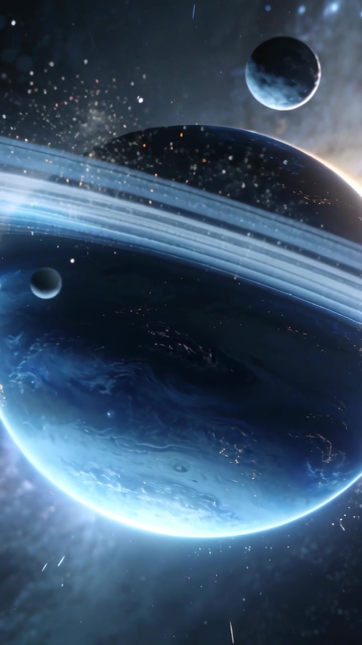 Vertical video: Shifting camera revealing ringed planet in space showing moons, debris and rings