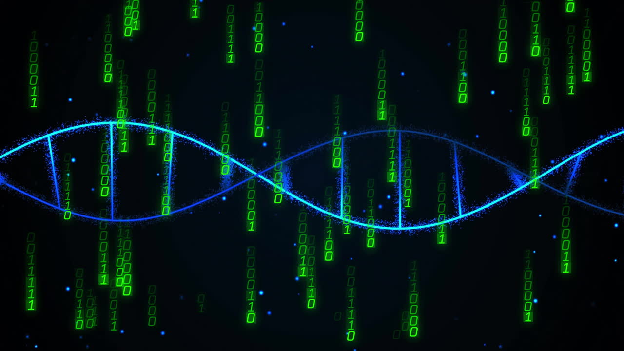 Animation of dna strand over data processing on black background