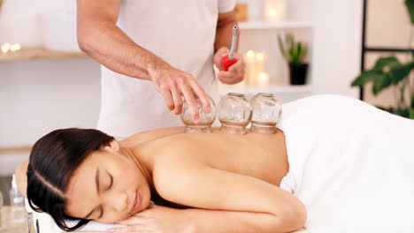 woman, spa and cupping therapy on patient back