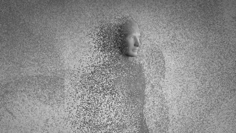 animación del cuerpo humano formada con partículas explosivas en fondo gris 3d