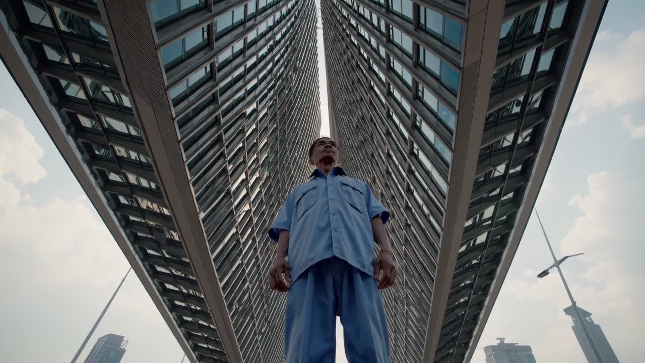 Worker Under Modern City Bridges