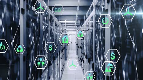 animación de múltiples iconos sobre puntos conectados en los sistemas de servidores de datos en la sala de servidores